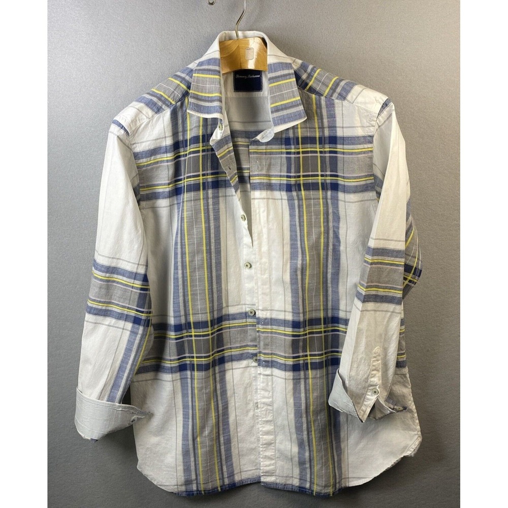 Tommy Bahama Mens Plaid Button Down Shirt L Cotton Silk Blend Long Sleeve Casual
